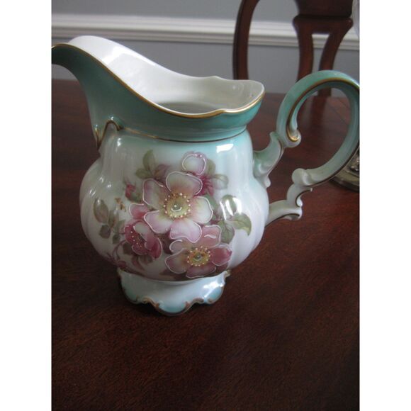 BEAUTIFUL FLORAL  HAND PAINTED IMPERIAL GERMANY TEAL PITCHER 6 1/2" HIGH SIGNED - Picture 2 of 8